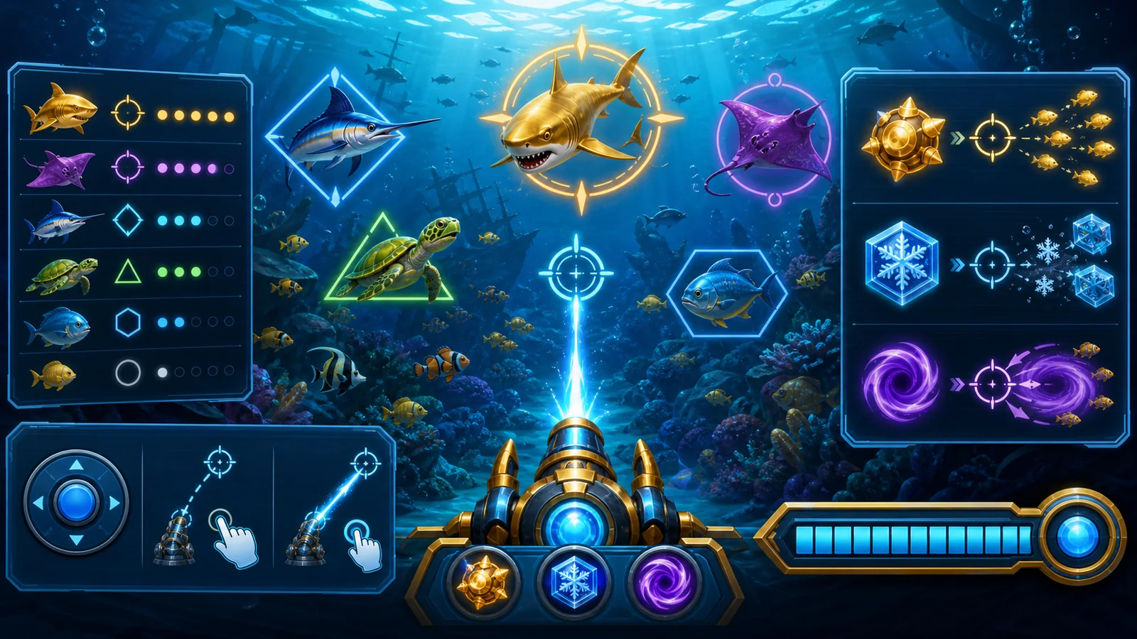 phslot fishing game aiming power-up and credit controls