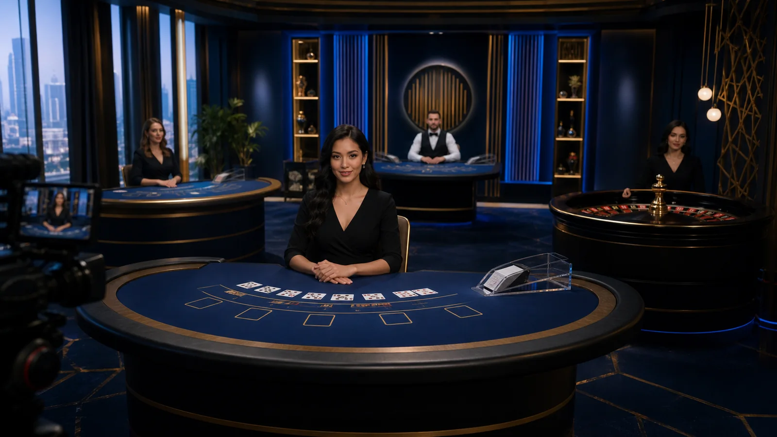 phslot live casino studio with baccarat blackjack and roulette tables